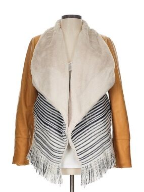 CHASER Faux-Shearling Draped Fringe Leather Jacket Camel Cream Largr